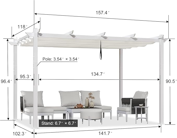 PURPLE LEAF 10' x 13' Aluminum Outdoor Pergola White Retractable Perg...