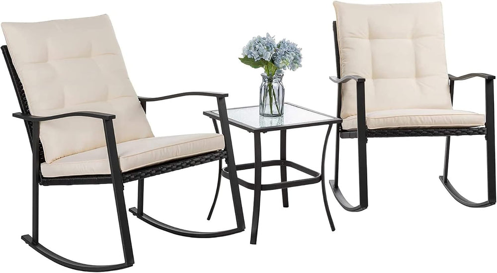 Shintenchi Outdoor 3-Piece Rocking Bistro Set,Wicker Patio Furniture Porch Ch...