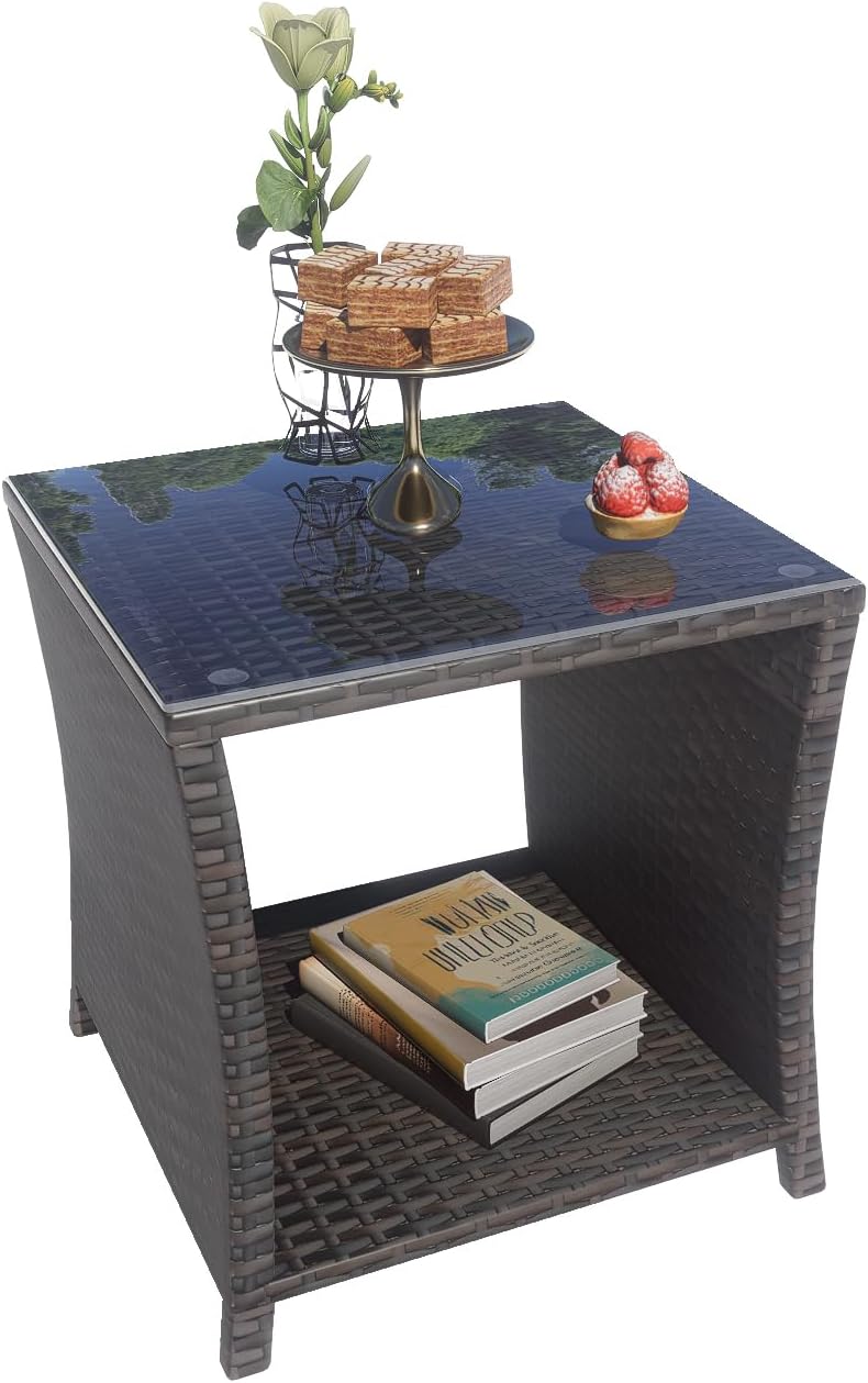 Rattan Side Table,Outdoor Patio Wicker Table,Modern Patio End Side Table with...
