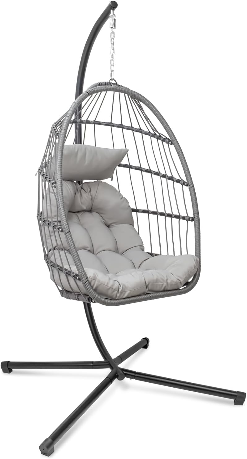 Hanging Egg Chair with Stand, Patio Wicker Hammock Egg Swing Chair with Cushi...