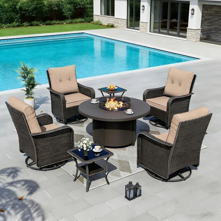 7Pcs Patio Furniture Swivel Chair Set with 55,000 BTU Round Fire Pit-Sand