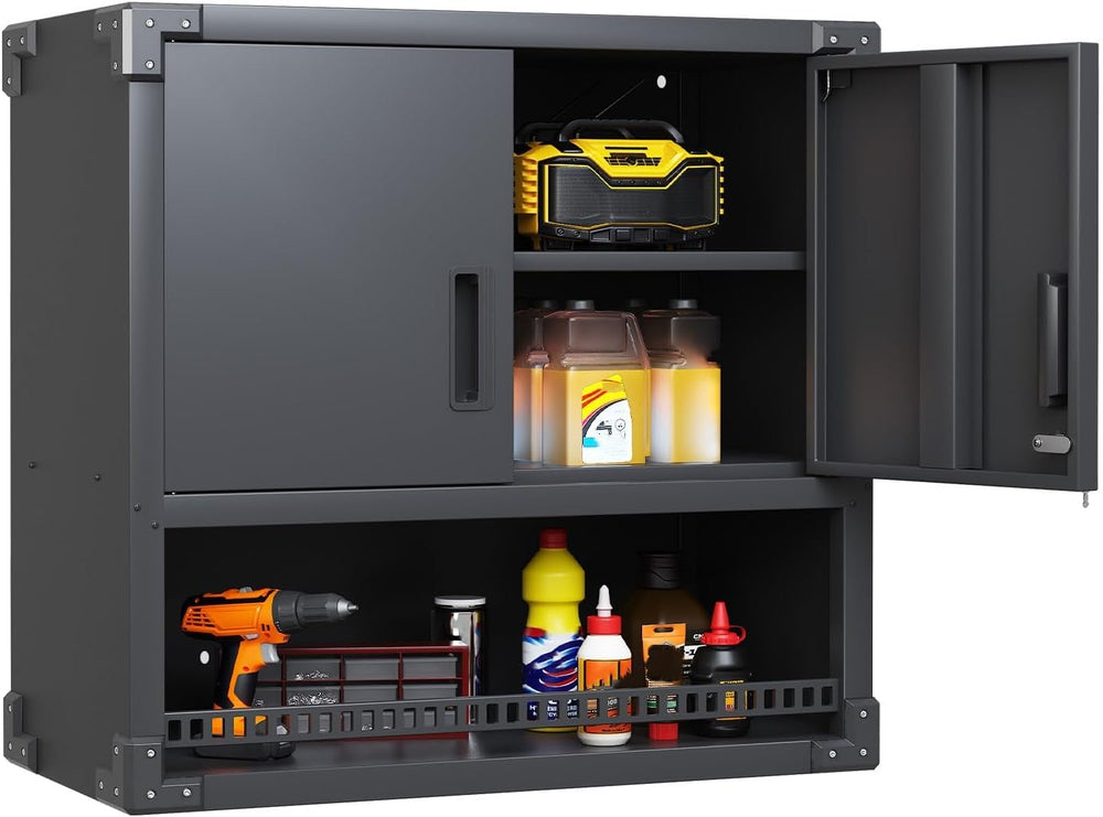 Metal Storage Wall Cabinets with Doors and Opening Drawer,Heavy Duty Black Ga...