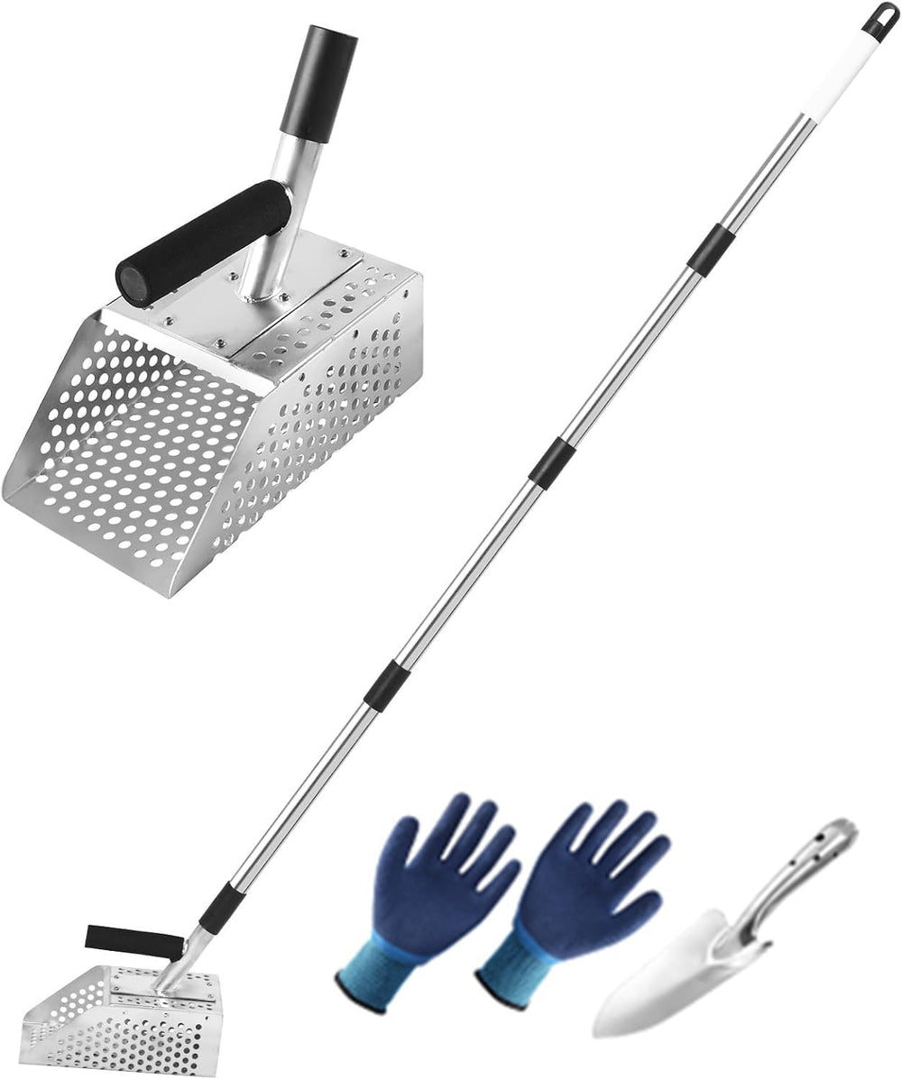 Sand Scoop for Metal Detecting, long-handle Metal Detector & Sand Flea Rake