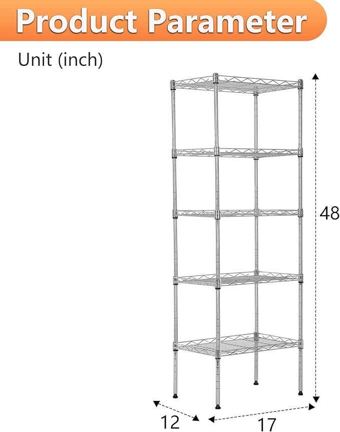 BestOffice | 5-Tier Wire Storage Shelves | 17x12x48 | Chrome | with Adjustabl...