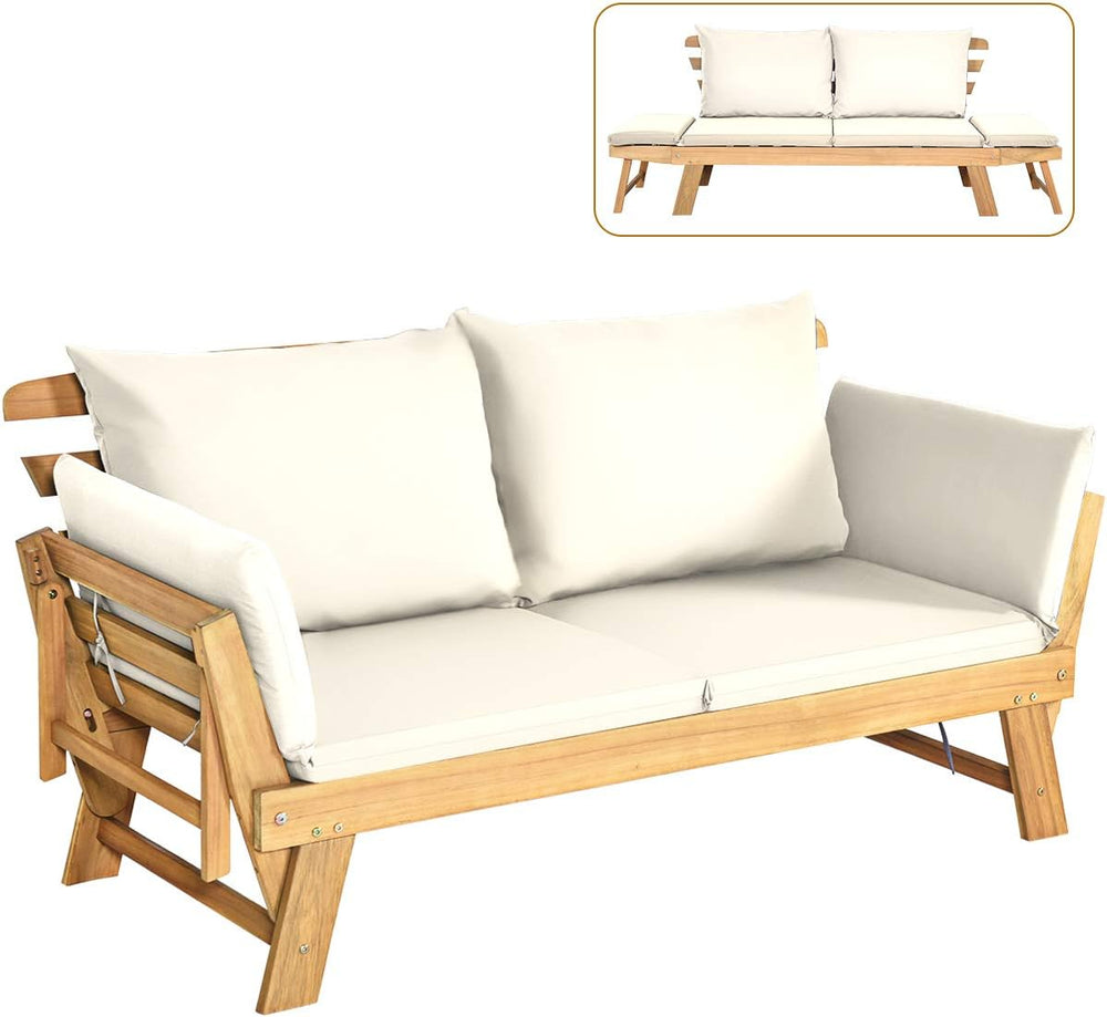 Tangkula Convertible Acacia Wood Patio Sofa Bed with Adjustable Armrest