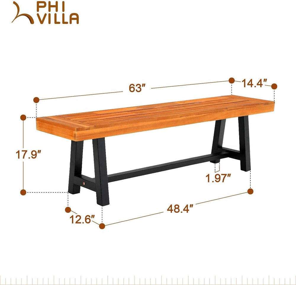PHI VILLA 63" Outdoor Acacia Wood Bench, Oil Finished, Teak, 2 Pack