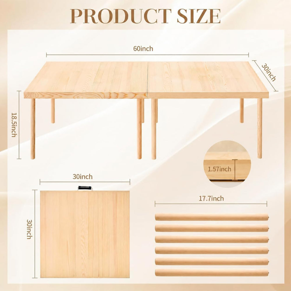 60” x 30” Boho Low Picnic Table, Foldable Solid Wood Picnic Table