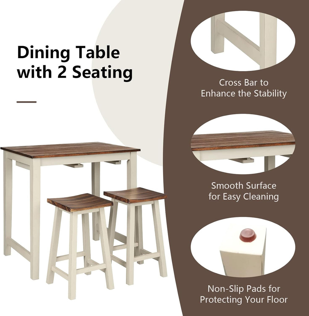 COSTWAY 3 Pieces Dining Set, Counter Height Pub Table with 2 Saddle Stools