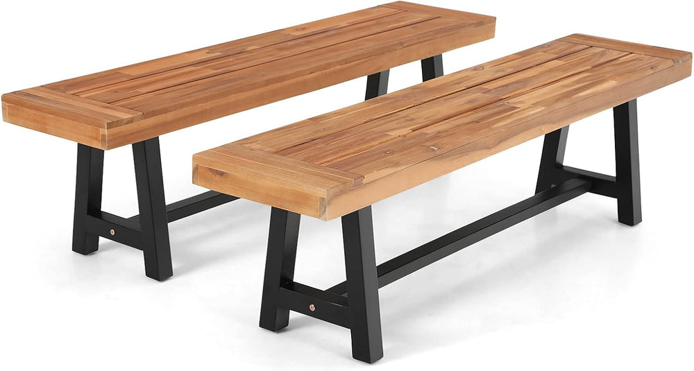 MFSTUDIO Outdoor Garden Bench 63", Acacia Wood Dining Bench, Teak, 2 Pack