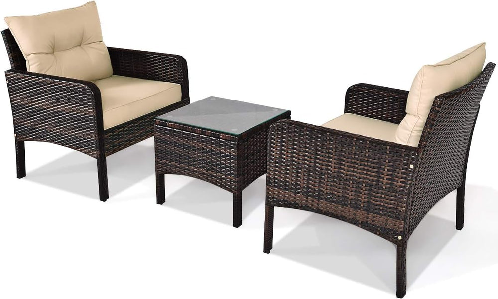 HAPPYGRILL 3 Pieces Patio Furniture Set, Outdoor Rattan Wicker Conversation S...