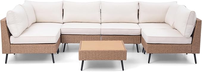 LAUSAINT HOME Outdoor Patio Furniture, 7 Piece Outdoor Sectional Sofa PE Ratt...