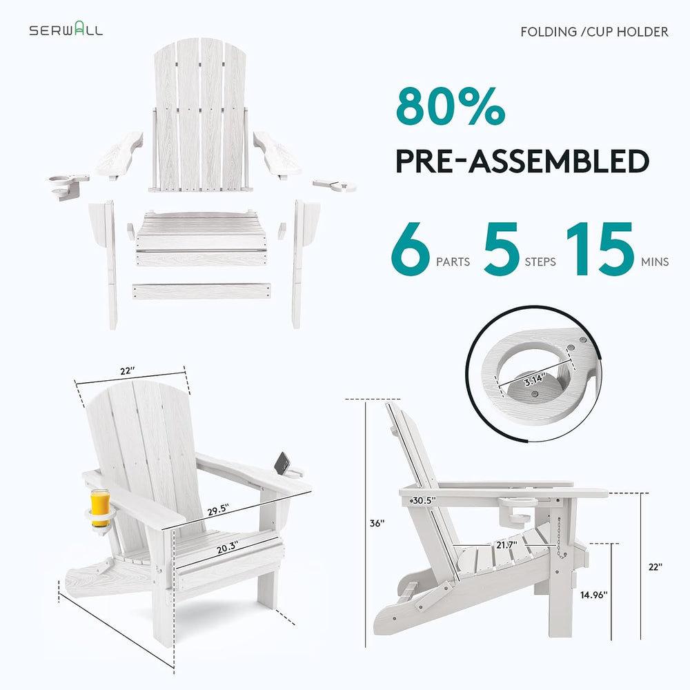 SERWALL Outdoor Adirondack Chair Set of 2 with Cup Holders,Foldable,White