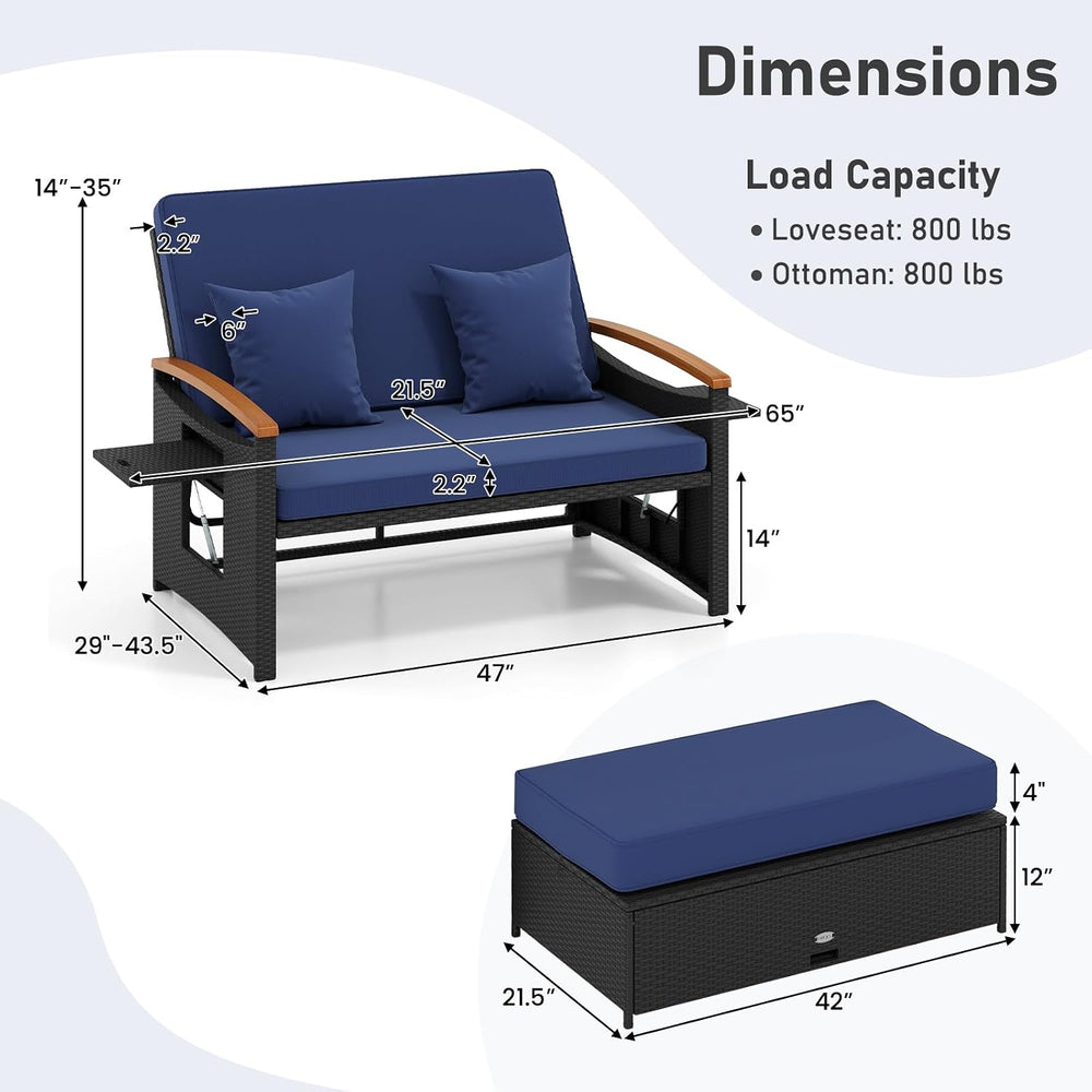 Moccha Outdoor Wicker Daybed, Patio Rattan Loveseat Sofa w/ 4-Level Adjustabl...