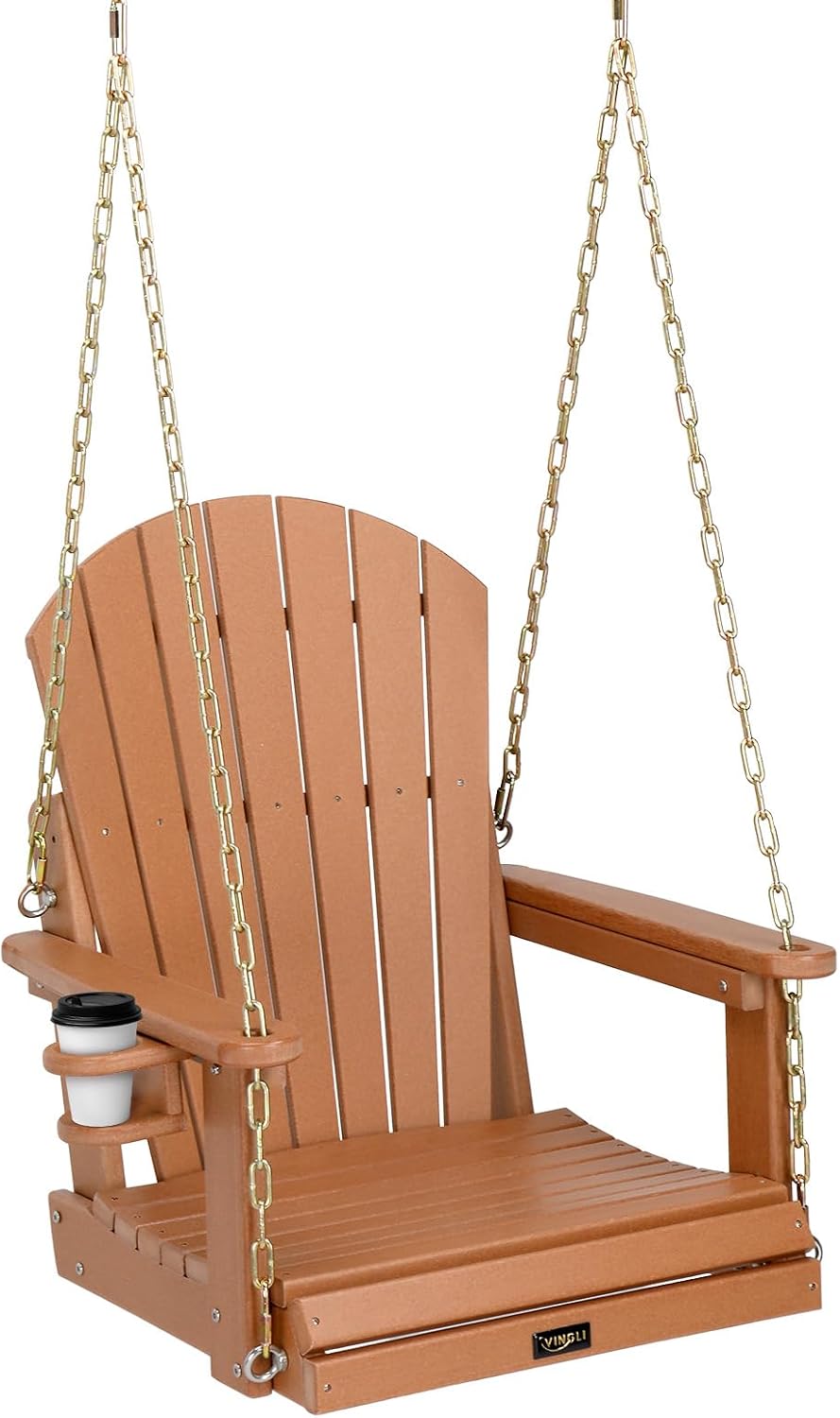VINGLI 2.2FT HDPE Porch Swing, Patio Swing with Rotatable Cup Holder, Teak