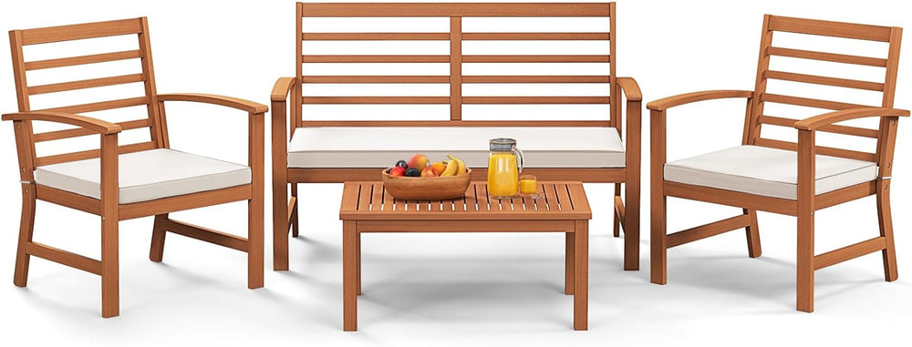 Tangkula 4 Pieces Outdoor Furniture Set, Acacia Wood Conversation Set w/Soft ...