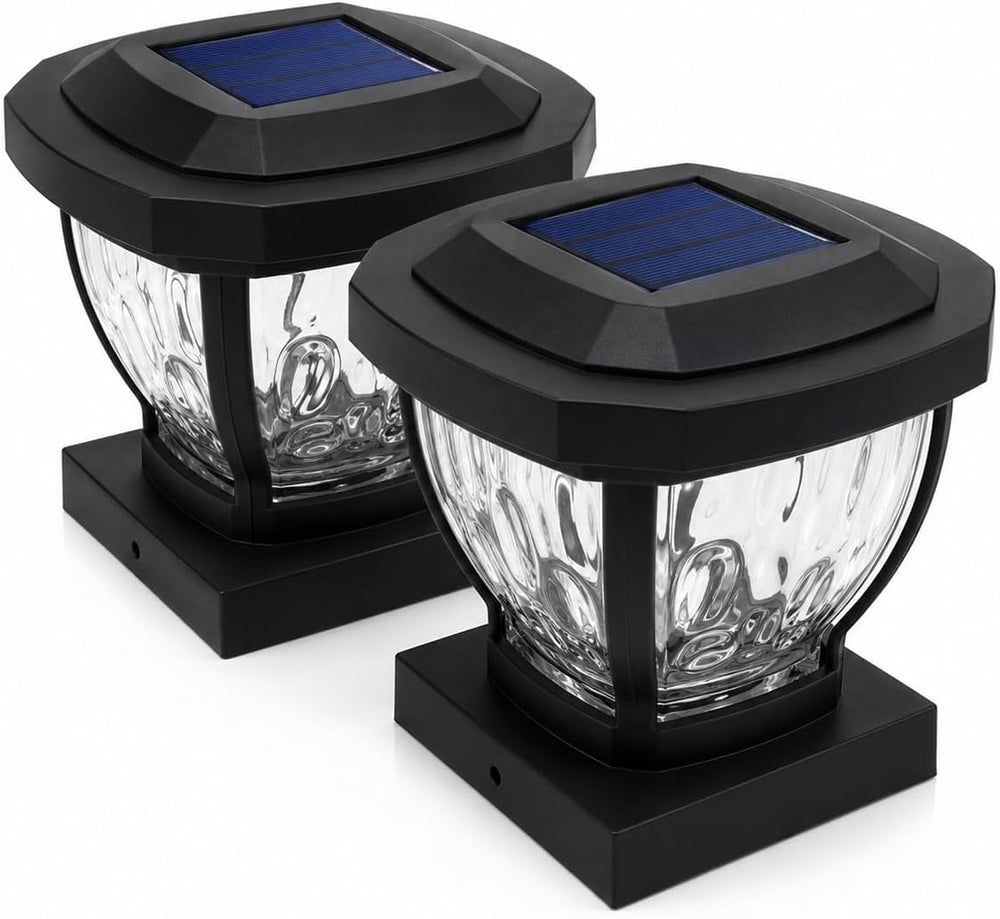 Home Zone Living 2PK Solar Post Cap Lights, Decorative Glass, Black