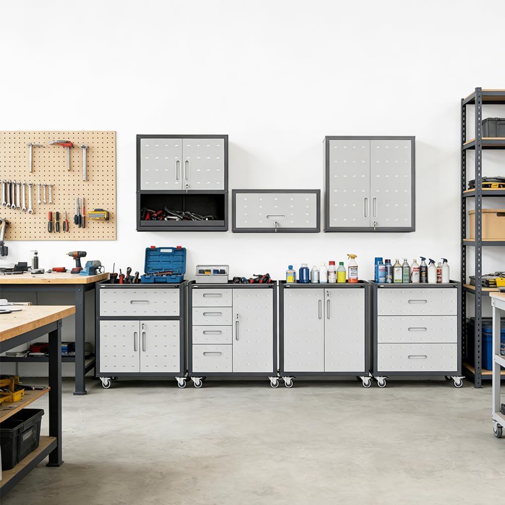 Garage Storage Cabinet System 7pcs Heavy Duty Workshop Set Wall Cabinet Locka...