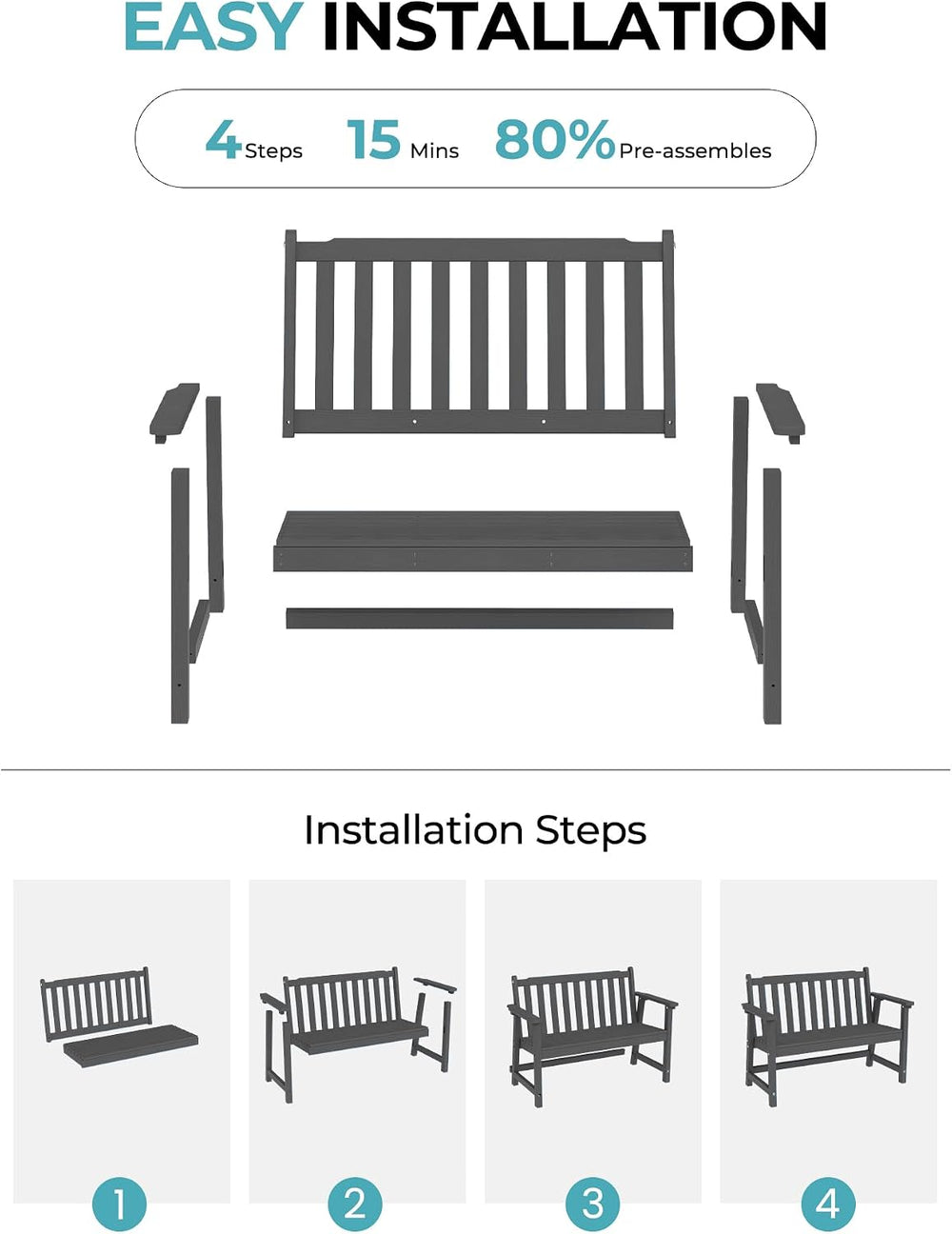 Ciokea 48" Outdoor Bench Set of 2, HDPE Weatherproof Garden Bench, 2-Per...