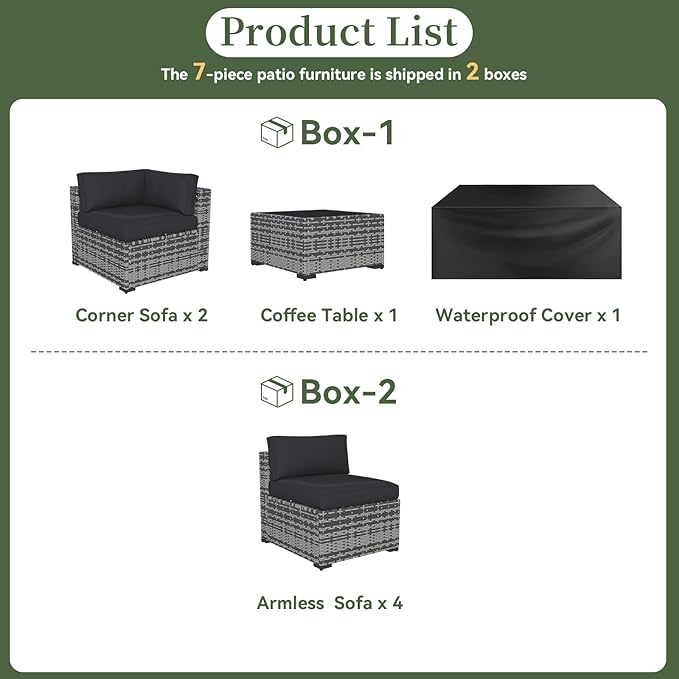 Aoxun 7 Piece Patio Furniture Set Wicker Rattan Patio Conversation Set Outdoo...