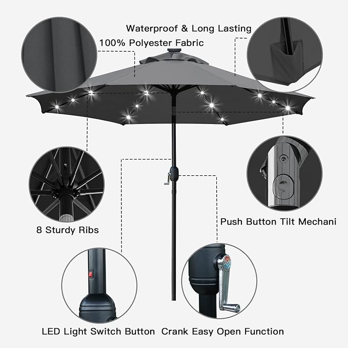 Sunnyglade 9' Solar LED Lighted Umbrella with 8 Ribs Adjustment and Crank...