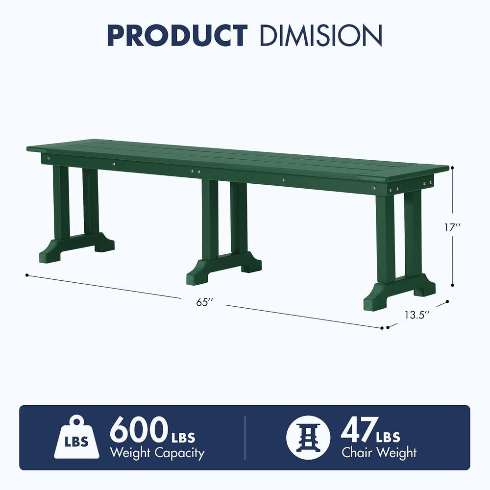 WO HOME FURNITURE 65" HDPE Outdoor Bench, 660 lbs Capacity, Dark Green