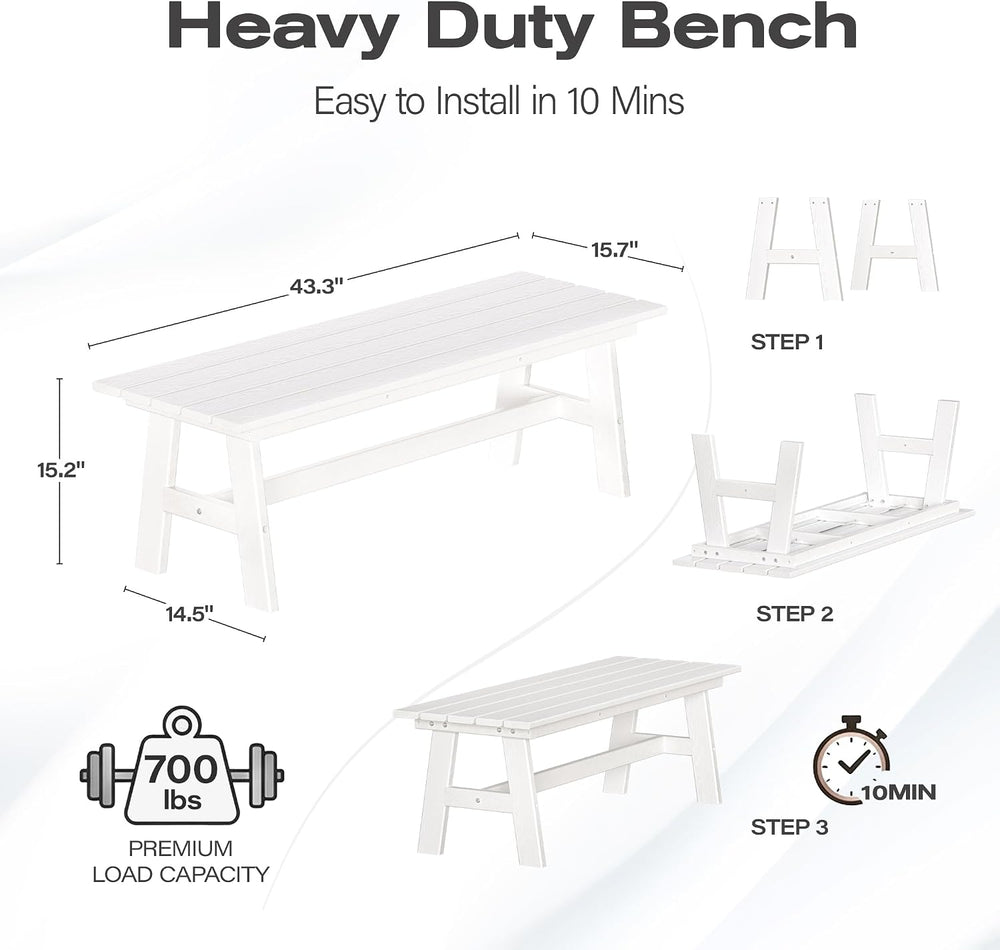 nalone Outdoor Bench, All-Weather HDPE Backless Bench for Porch (White)