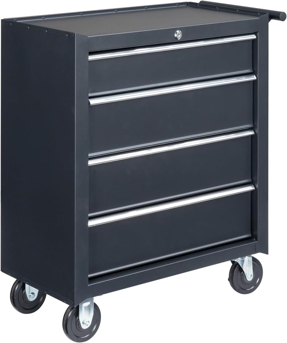 4 Drawer Rolling Tool Cabinet, Lockable Steel Tool Chest, Black