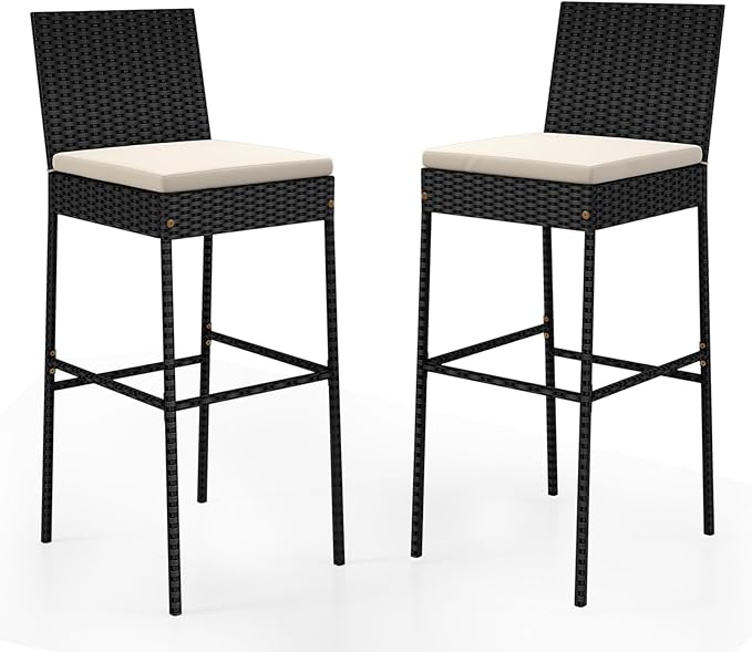 HAPPYGRILL Wicker Patio Barstools Set of 2, Outdoor Rattan Bar Chairs with Fo...