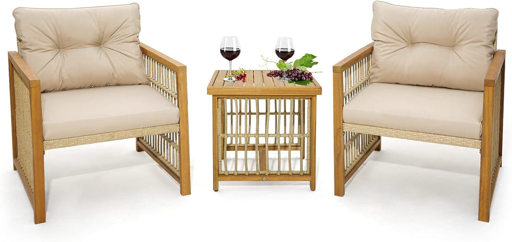 Tangkula 3 Pieces Acacia Wood Patio Furniture Set, PE Wicker Bistro Set with ...
