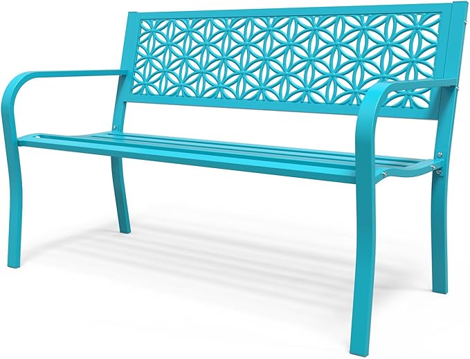 VINGLI 50" Outdoor Bench Metal with Floral Back, Garden Bench Front Porc...