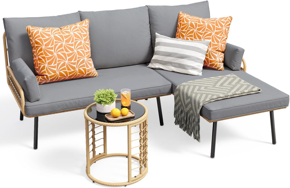 Gizoon 3-Piece Outdoor Patio Furniture Set, PE Wicker L-Shaped Sofa Grey