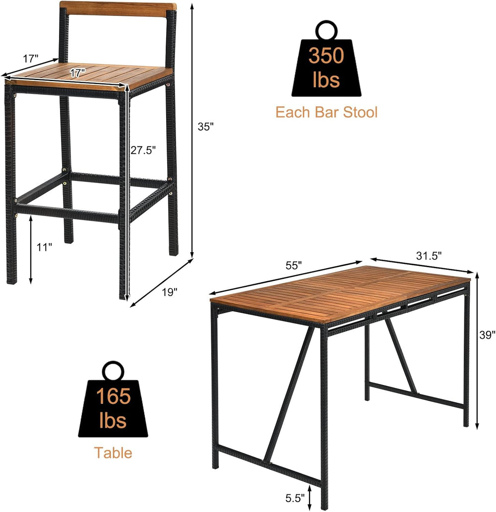 HAPPYGRILL 7 Piece Patio Bar Table Set with Umbrella Hole Acacia Wood High-Di...