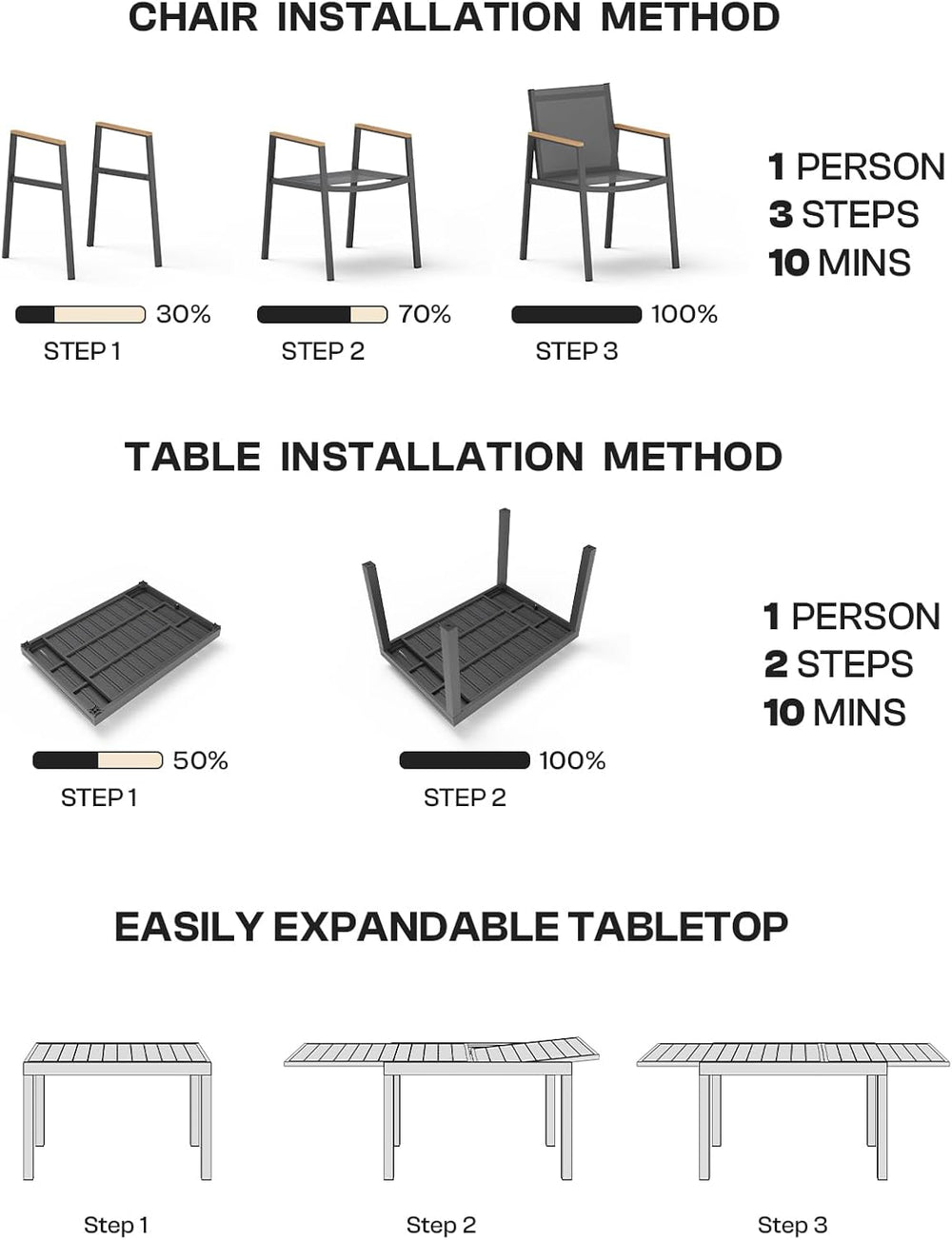 Vexwalx Aluminum Outdoor Dining Set for 6, 79" Expandable Table & Ch...