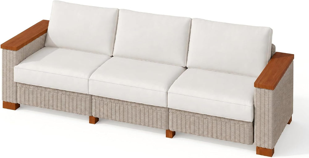 PaPaJet Outdoor Patio Sofa, 3 Seat Wicker Couch with Solid Armrests & Leg...