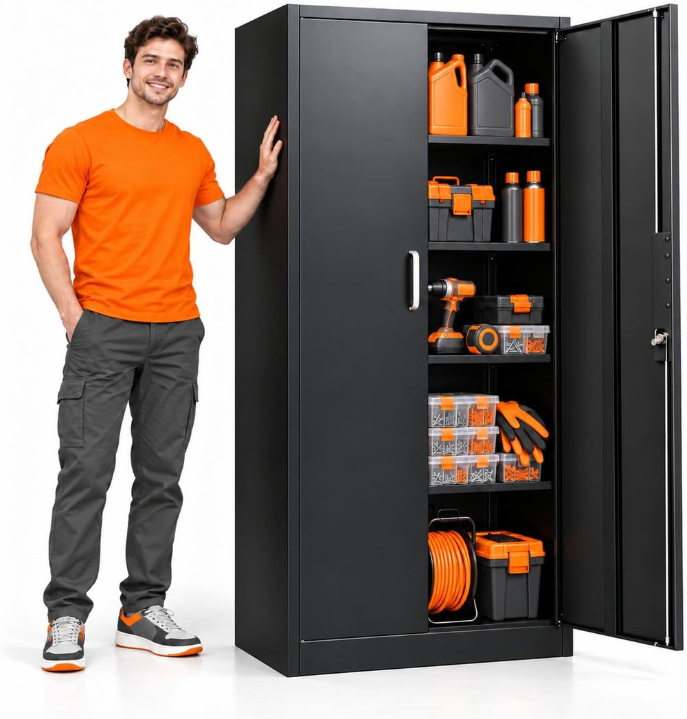 Metal Garage Storage Cabinet with 2 Lockable Doors and 4 Adjustable Shelves, ...