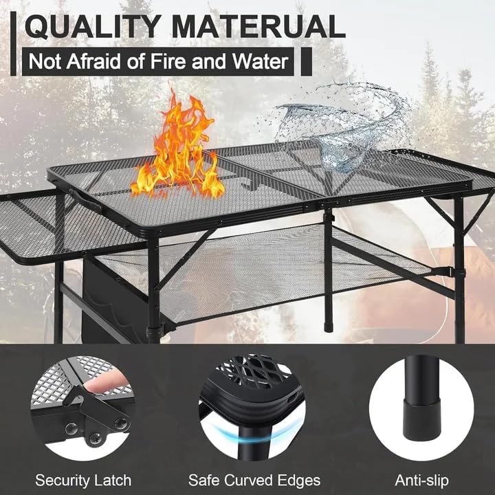 Folding Matel Grill 4.4 FT Camping Table with 2 Wing Panels