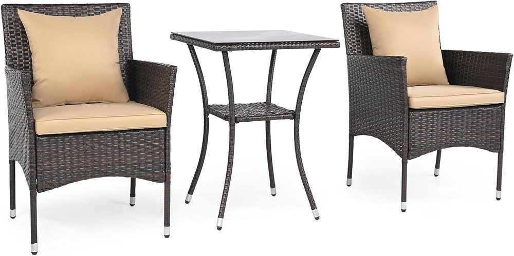 HAPPYGRILL 3 Pieces Rattan Conversation Set Outdoor Bistro Set with Cushion, ...