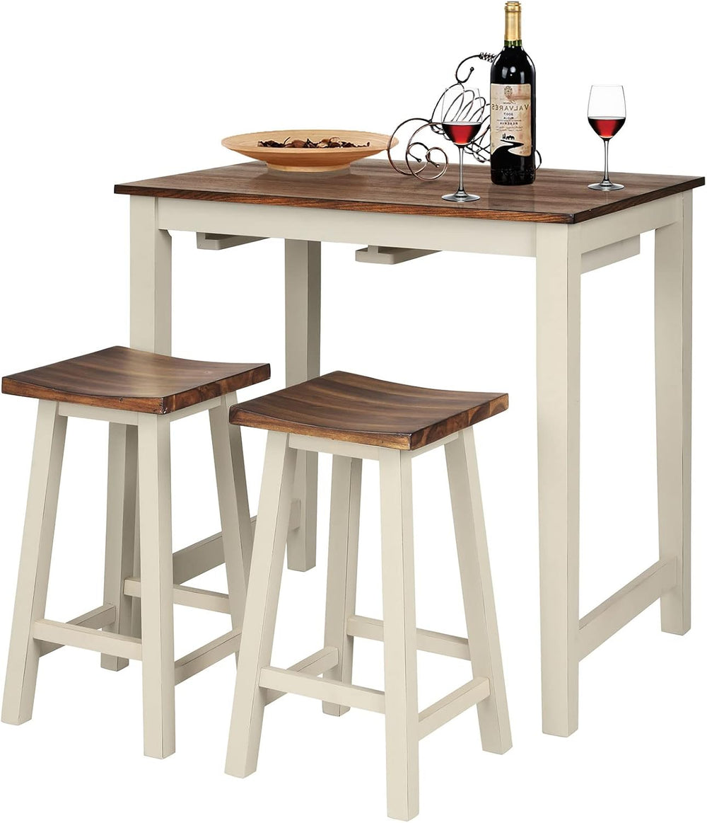 COSTWAY 3 Pieces Dining Set, Counter Height Pub Table with 2 Saddle Stools