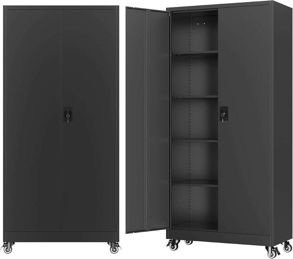 BYNSOE Metal Garage Storage Cabinet with Wheels,Metal Storage Cabinet with Ad...