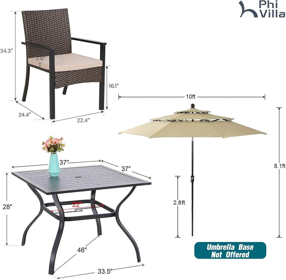 PHI VILLA 5pc Patio Dining Set with Umbrella, Square Table, Rattan Chairs