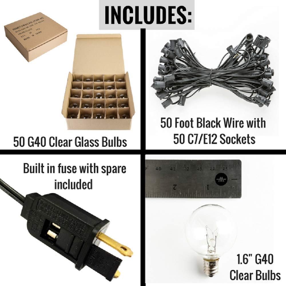 50 Foot Globe String Lights - Set of 50 G40 Clear Bulbs - Black Wire
