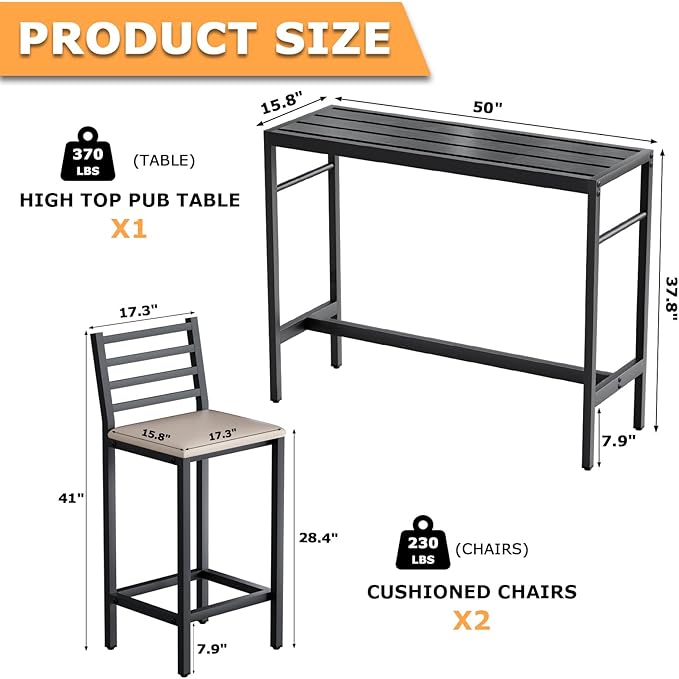 Outdoor Patio Bar Set 3 Piece,50" Rectangular Counter Height High Top Ba...