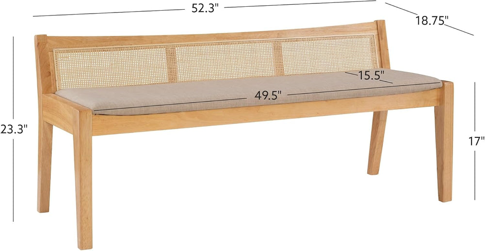 Powell Kasi Natural Low Back Cane Bench with Beige Upholstered Seat