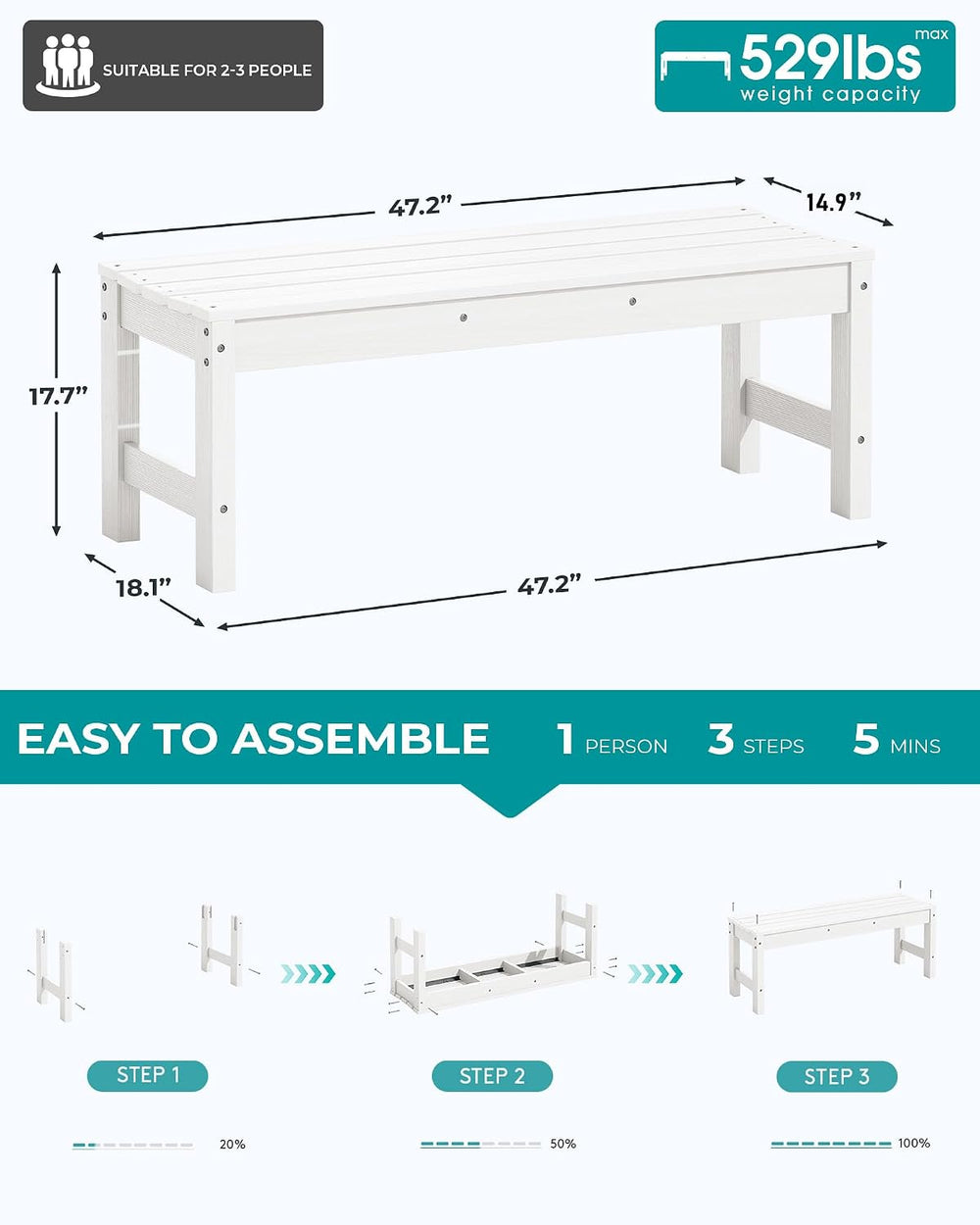 SERWALL 47 Inches Backless Outdoor Bench for 2-Person, White, 2 Pack