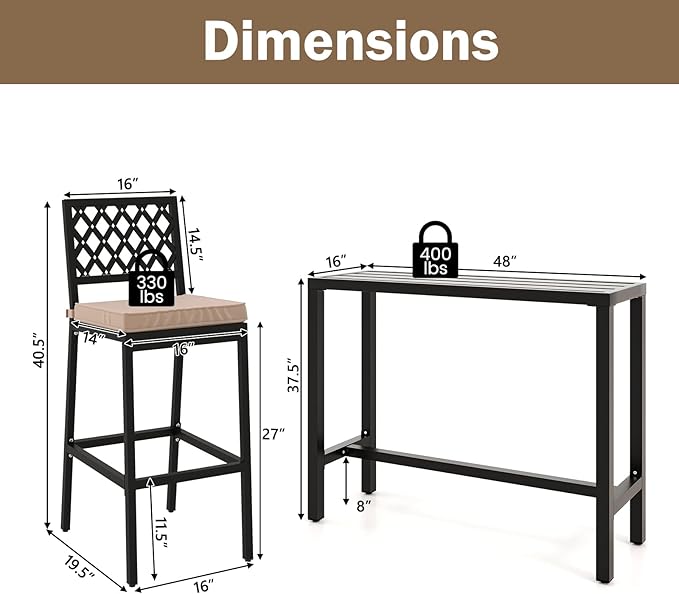 COSTWAY 3 Piece Outdoor Bar Table and Chairs Set, 48" Pub Height Bar Tab...
