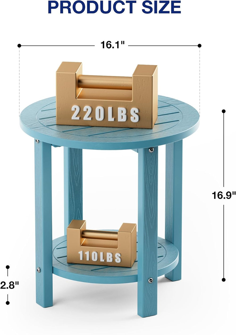 YEFU Adirondack Side Table, 16in Round, 2-Tier Storage End Table, Blue