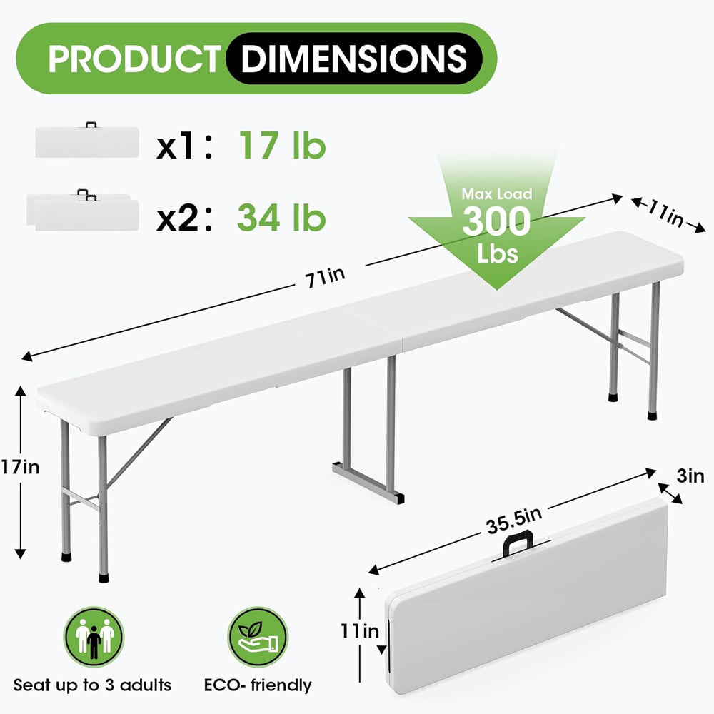 Folding Bench 6 ft, 2Pcs Foldable Plastic Bench with Handle & HDPE Tabletop