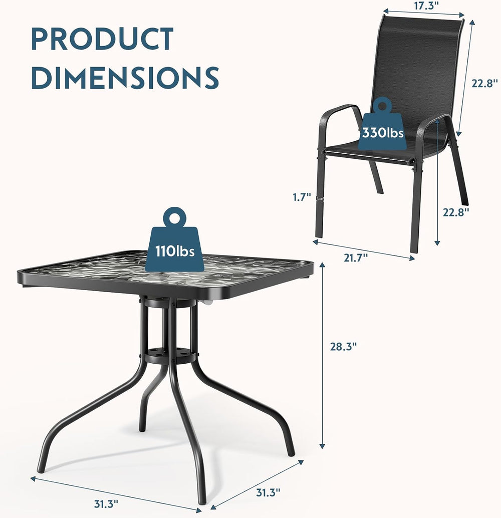Arlopu 5 Pieces Outdoor Patio Dining Set, Glass Table and Textilene Chair