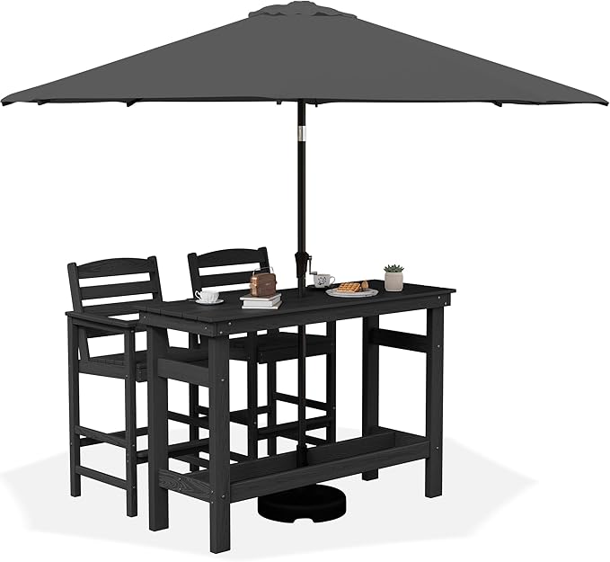 SERWALL Outdoor Bar Set with 9ft Umbrella, All-Weather HDPE Patio Bar Chairs ...