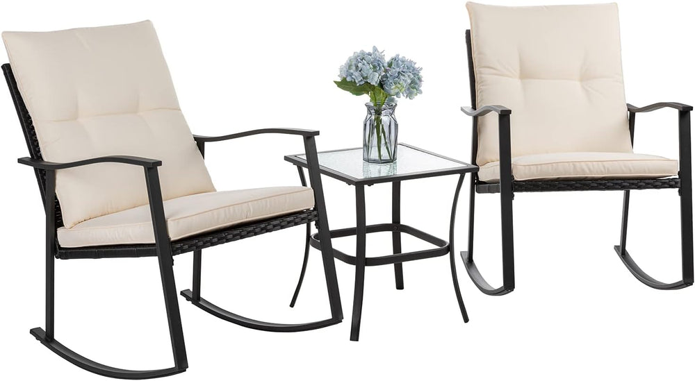 Shintenchi Outdoor 3-Piece Rocking Bistro Set,Wicker Patio Furniture Porch Ch...